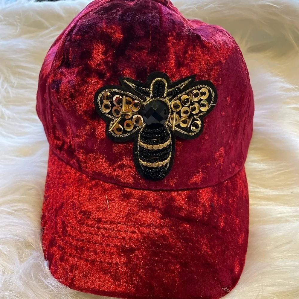 J. Elise Boutique Burgundy Golden Bee Patch Distressed Velour Velvet Fitted Cap